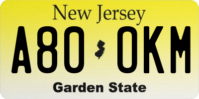 NJ license plate A80OKM