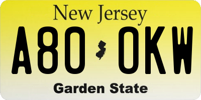 NJ license plate A80OKW