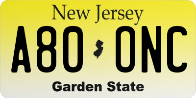 NJ license plate A80ONC