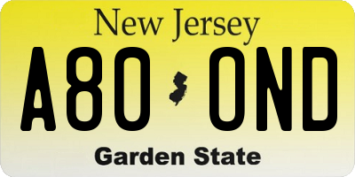 NJ license plate A80OND