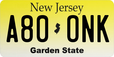 NJ license plate A80ONK
