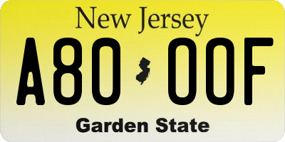 NJ license plate A80OOF