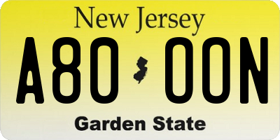NJ license plate A80OON