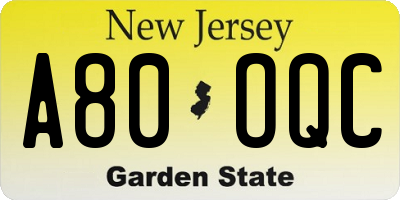 NJ license plate A80OQC