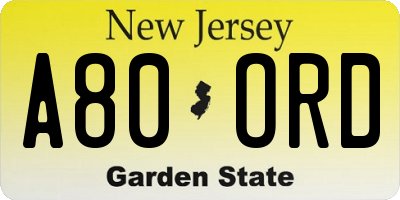 NJ license plate A80ORD