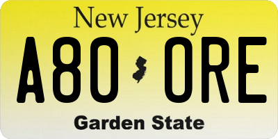 NJ license plate A80ORE