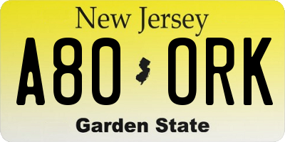 NJ license plate A80ORK
