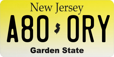 NJ license plate A80ORY