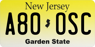 NJ license plate A80OSC