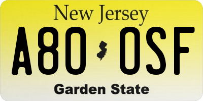 NJ license plate A80OSF