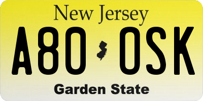 NJ license plate A80OSK