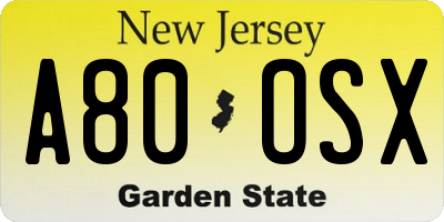 NJ license plate A80OSX