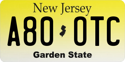NJ license plate A80OTC