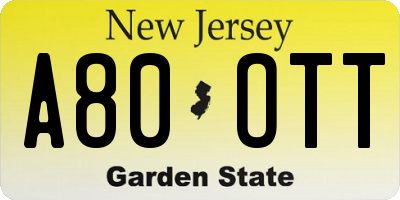 NJ license plate A80OTT
