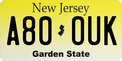NJ license plate A80OUK