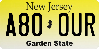 NJ license plate A80OUR