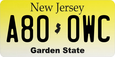 NJ license plate A80OWC