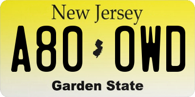 NJ license plate A80OWD