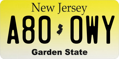 NJ license plate A80OWY