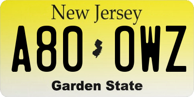 NJ license plate A80OWZ