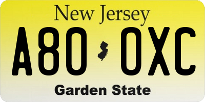 NJ license plate A80OXC