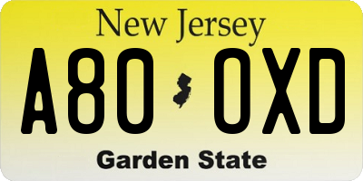 NJ license plate A80OXD