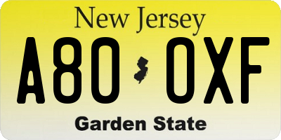NJ license plate A80OXF