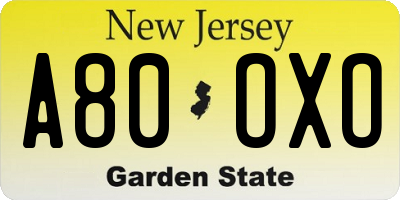 NJ license plate A80OXO