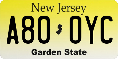 NJ license plate A80OYC