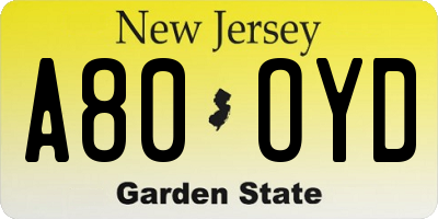 NJ license plate A80OYD