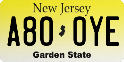 NJ license plate A80OYE