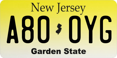NJ license plate A80OYG