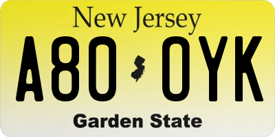 NJ license plate A80OYK