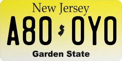 NJ license plate A80OYO