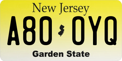 NJ license plate A80OYQ