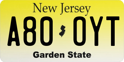 NJ license plate A80OYT