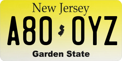 NJ license plate A80OYZ