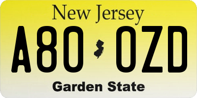 NJ license plate A80OZD