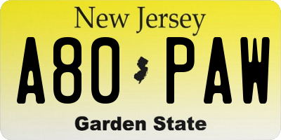 NJ license plate A80PAW