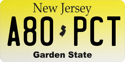 NJ license plate A80PCT