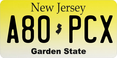 NJ license plate A80PCX