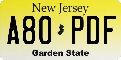 NJ license plate A80PDF