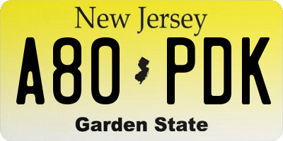 NJ license plate A80PDK
