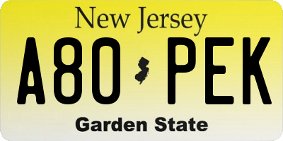 NJ license plate A80PEK