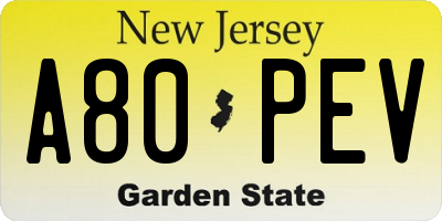 NJ license plate A80PEV