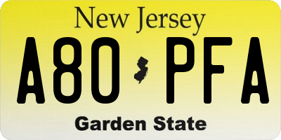 NJ license plate A80PFA