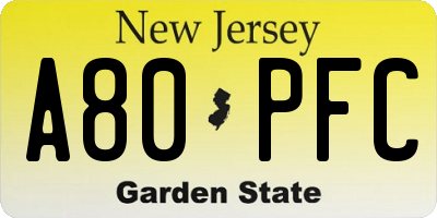 NJ license plate A80PFC