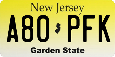 NJ license plate A80PFK