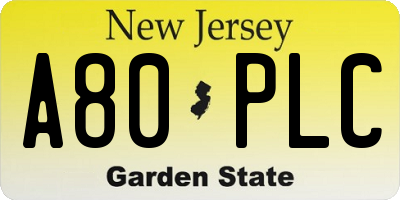 NJ license plate A80PLC
