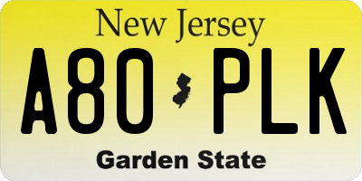 NJ license plate A80PLK